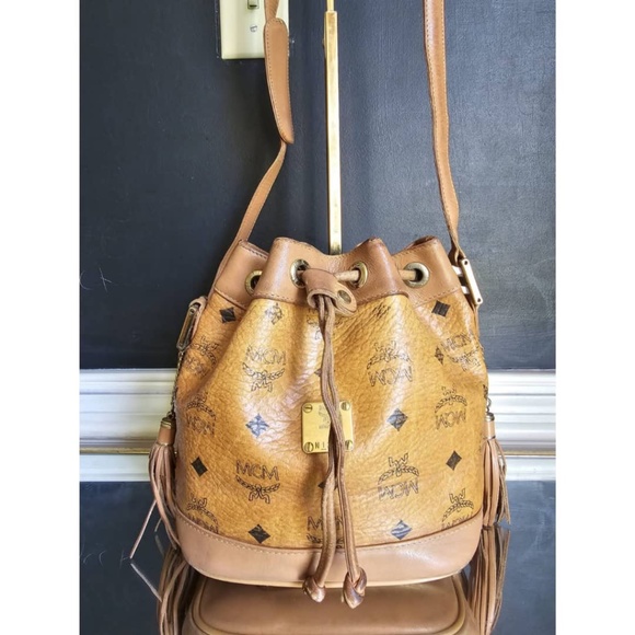 Authentic MCM Brown Visetos Leather Drawstring Bucket Bag - Picture 4 of 12